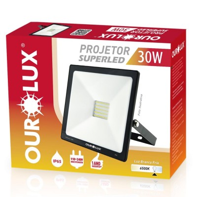 Refletor Super LED SLIM Preto 30W 6500K Bivolt Ourolux