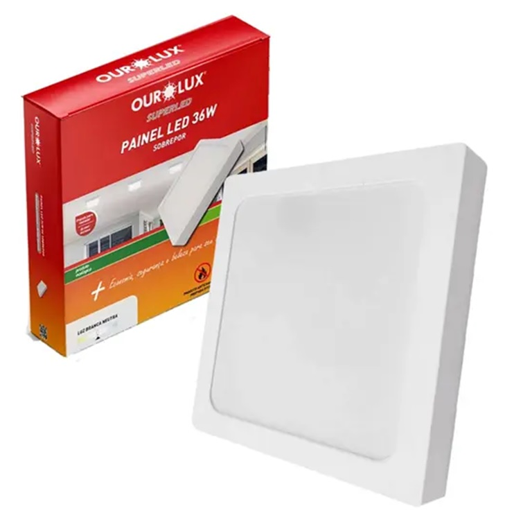Plafon / Painel Super LED Quadrada de Sobrepor 36W Bivolt Branca Neutra 4000K Ourolux