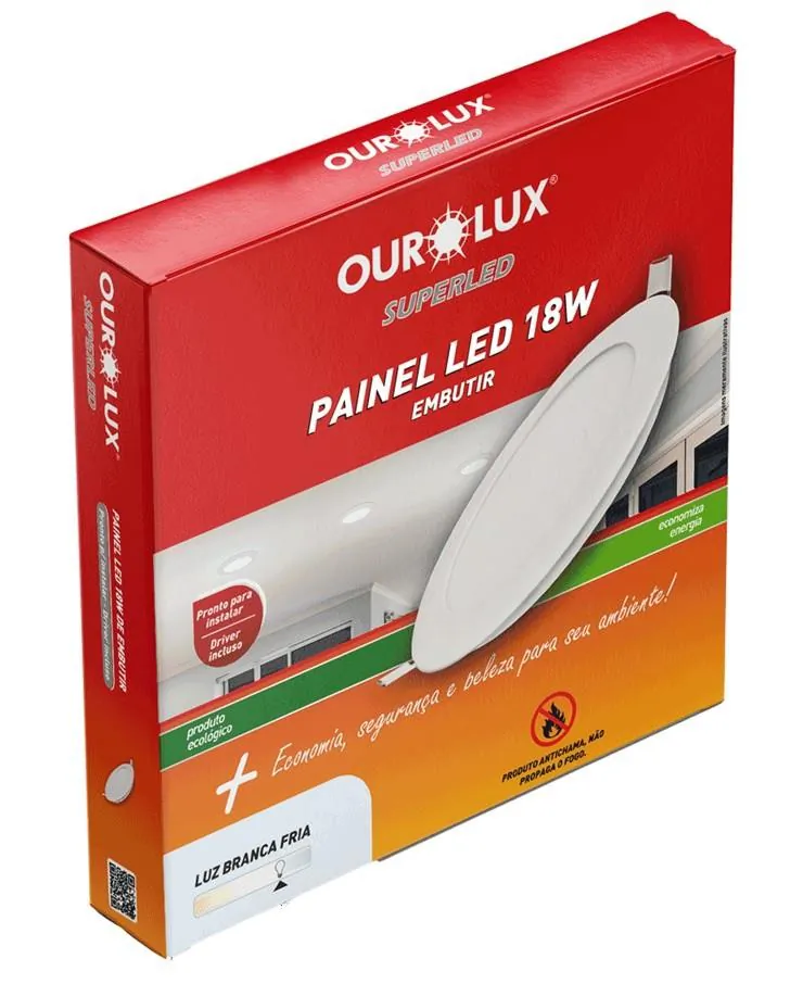 Luminária Painel Super LED Redonda Embutir 18W Bivolt Branca 6500K Ourolux