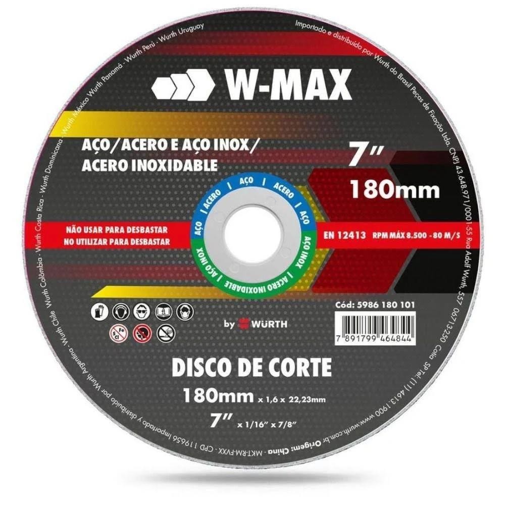 Disco de Corte Fino p/ Aço e Inox Wmax 7"X22mm Wurth