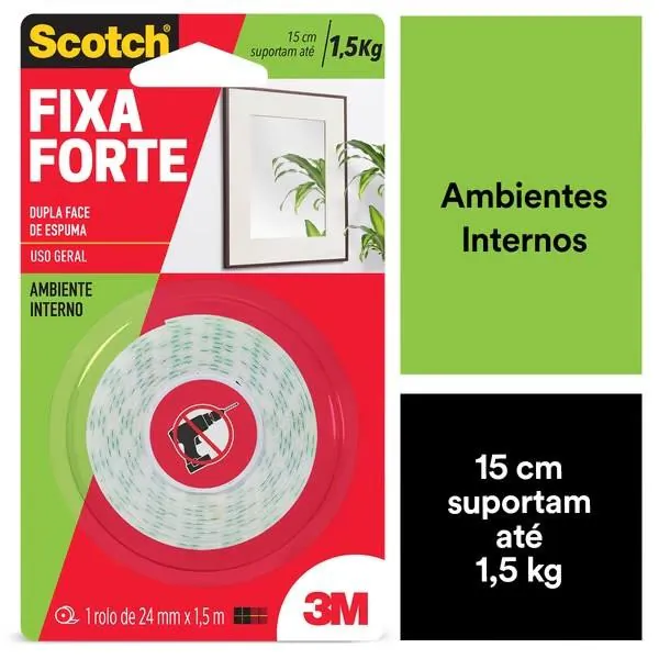 Fita Dupla Face Fixa Forte Espuma 24mm x 1,5m Scotch 3M