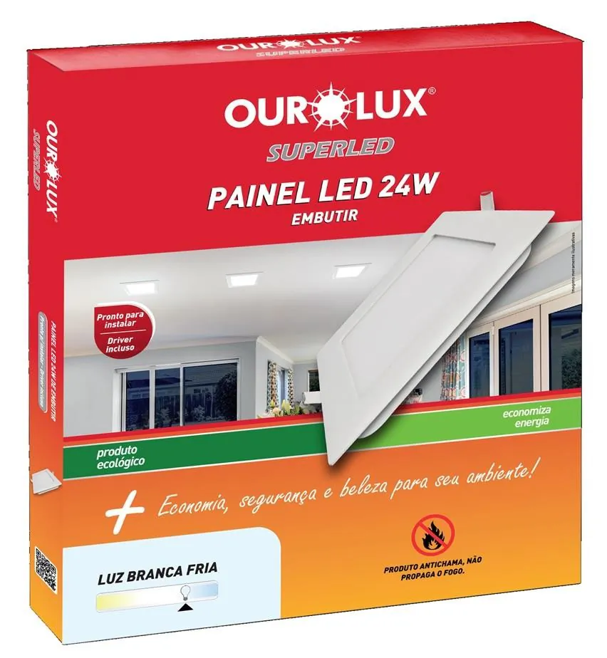Luminária Painel Super LED Quadrada Embutir 24W Bivolt Amarela 2700K Ourolux