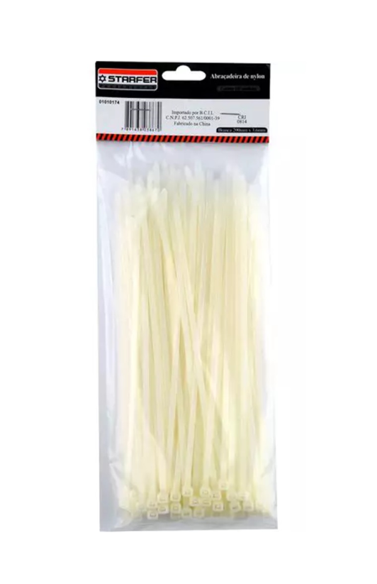 Abraçadeira De Nylon Branca 200mm X 3,6mm Pacote 100 Peças Starfer