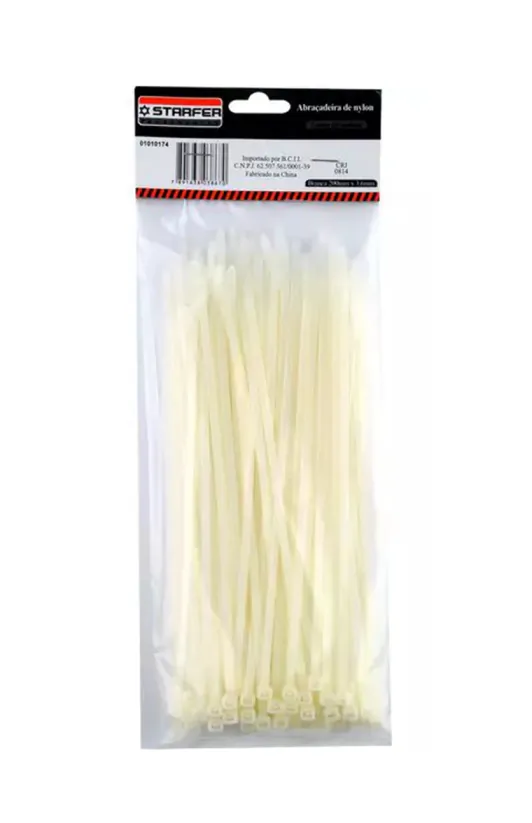 Abraçadeira De Nylon Branca 200mm X 3,6mm Pacote 100 Peças Starfer