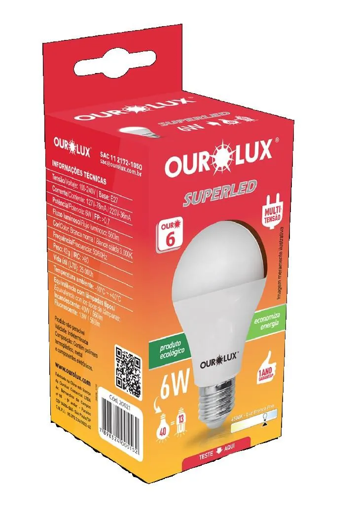 Lâmpada Super LED Ouro 6W Bivolt Branca Fria 6500K Ourolux