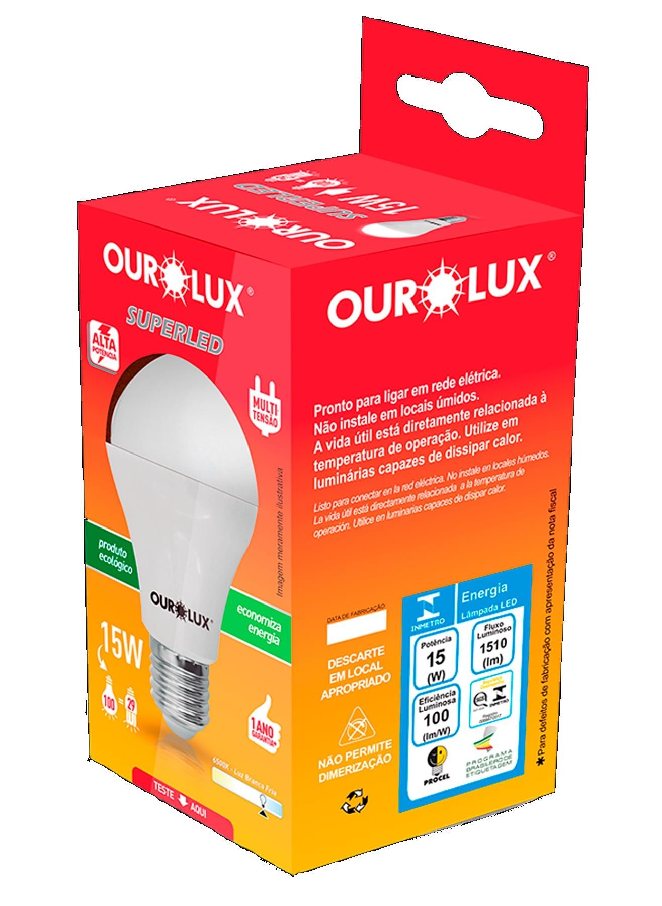 Lâmpada Super LED Alta Potência 15W Bivolt Branca Fria 6500K Ourolux