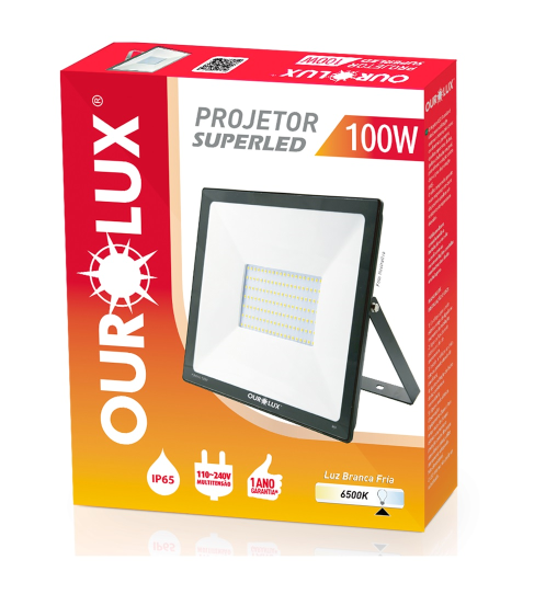 Refletor Super LED SLIM Preto 100W 6500K Bivolt Ourolux