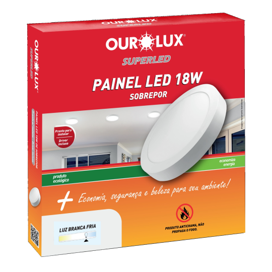 Luminária Painel Super LED Redonda Sobrepor 18W Bivolt Branca 6500K Ourolux