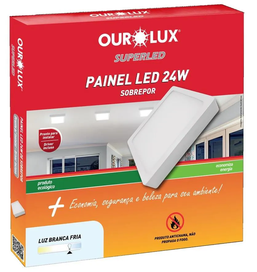 Luminária Painel Super LED Quadrada Sobrepor 24W Bivolt Branca 6500K Ourolux