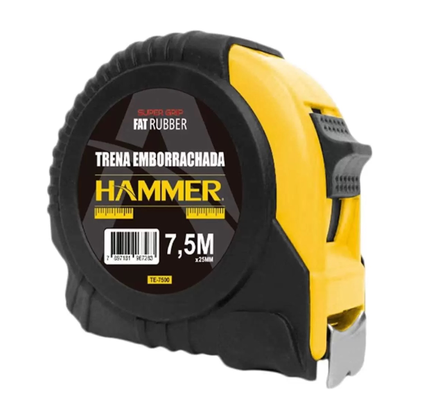 Trena de Aço Fita Metálica 7,5m x 25mm Emborrachada c/ Trava Hammer