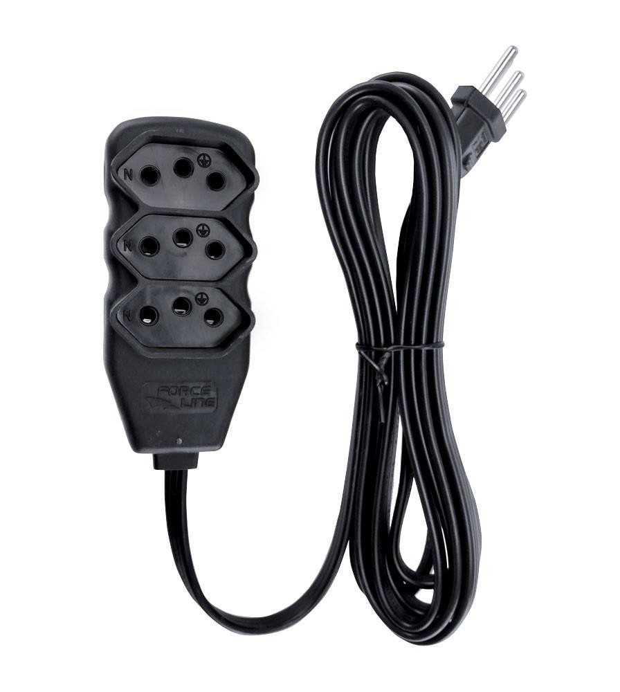 Extensão Elétrica Slim 3 Tomadas 10A Tripolar 1m Preto Force Line