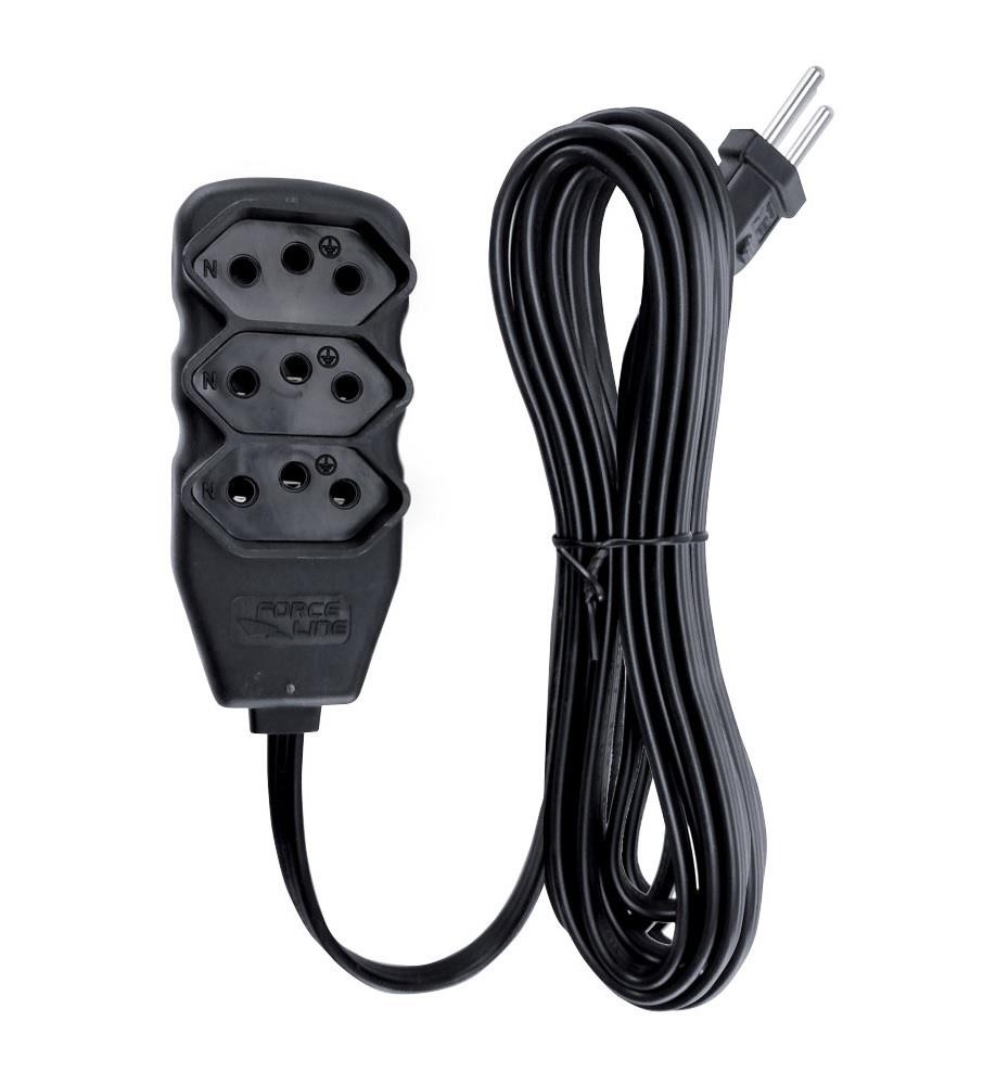 Extensão Elétrica Slim 3 Tomadas 10A Tripolar 5m Preto Force Line
