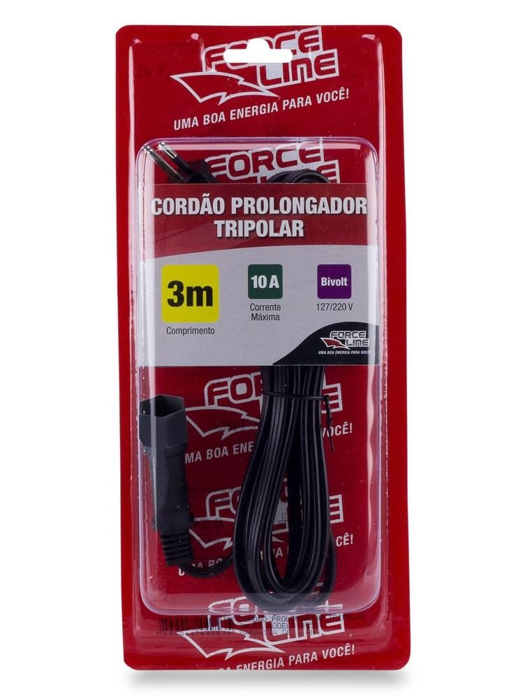 Cordão Prolongador Reforçado Tripolar 1 Tomada 10A 3m Force Line