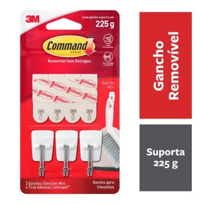 Gancho Adesivo Pequeno Branco p/ Utensílios c/ 3 Peças Command 3M